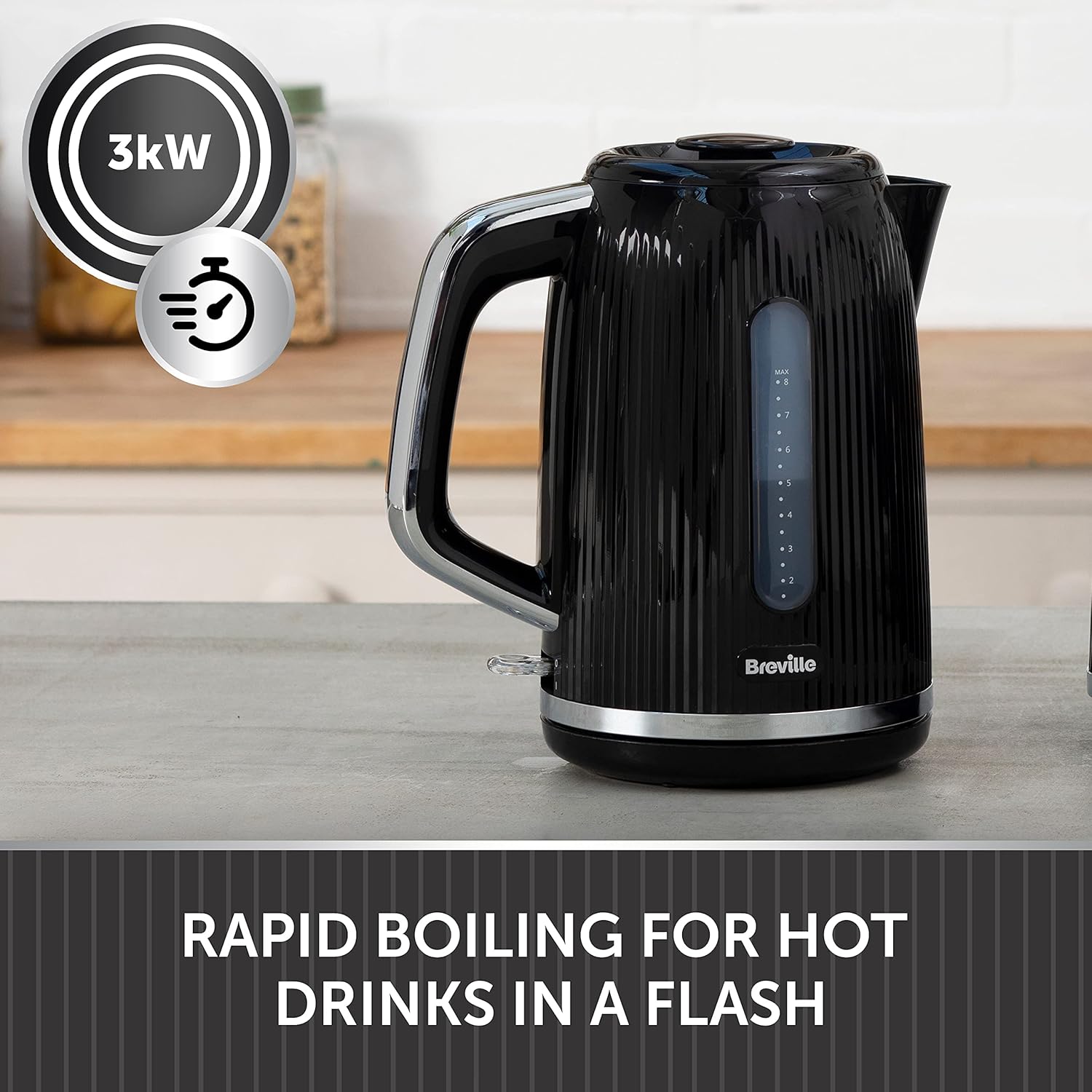 Breville Bold Black Electric Kettle 1.7L 3kW Fast BoilBlack & Silver Chrome VKT221